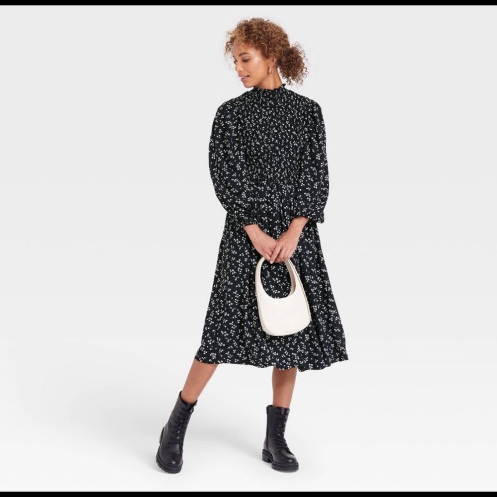 Long sleeve Smocked Dress - Black with white dot design